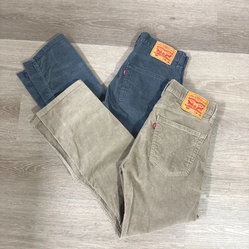 Lot 2 Levi's 505 Regular Fit Pants Mens 30x30 Tan Blue Corduroy